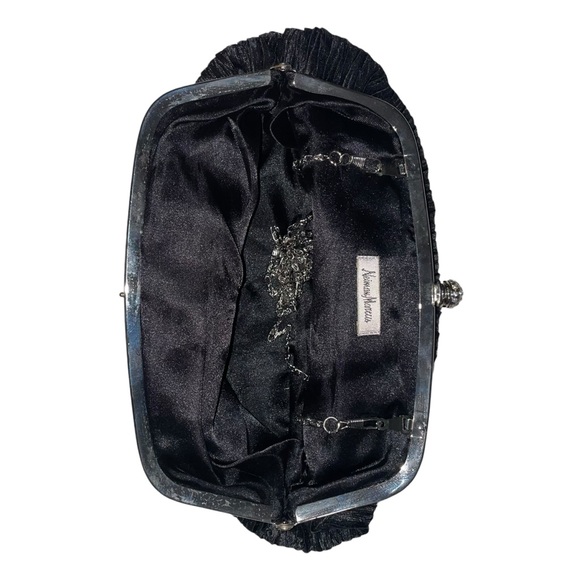 NEIMAN MARCUS Vintage Ruched Silk Black Clutch Bag Silver Frame with Crystals - Picture 4 of 15